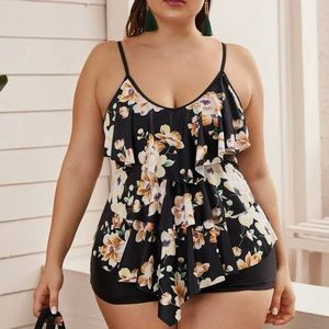 Plus Floral Random Print Tiered Layer Top With Shorts Tankini